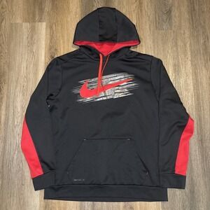 Nike Therma Fit Men's Large Pullover Hoodie Sweatshirt Black Red Center‎ Swoosh